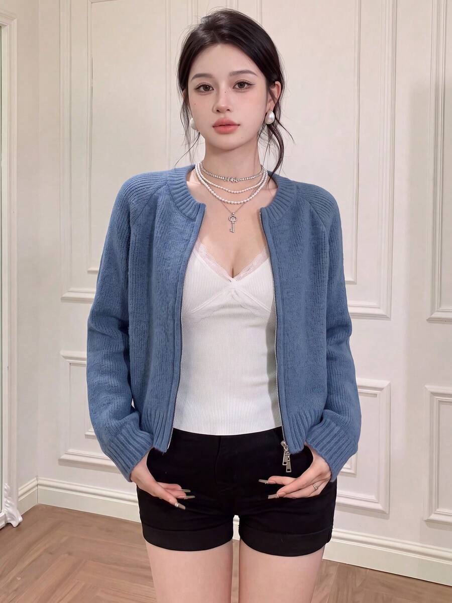 秋冬返校季女款拉鍊針織開襟外套，寬鬆短版針織上衣 - 霧藍色 - 查看 1