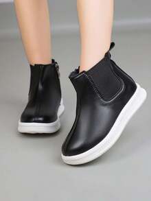 Children's Chelsea Ankle Boots, Unisex Simple High-Top Boots With Side Zipper, Non-Slip Wear-Resistant Casual Ankle Boots - Black - View 5