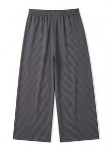 Japanese Minimalist Gray Vertical Striped Elastic Waist Wide Leg Pants, High Waist Slimming Wrinkle-Resistant Daily Commute Floor-Length Trousers - Black - View 6
