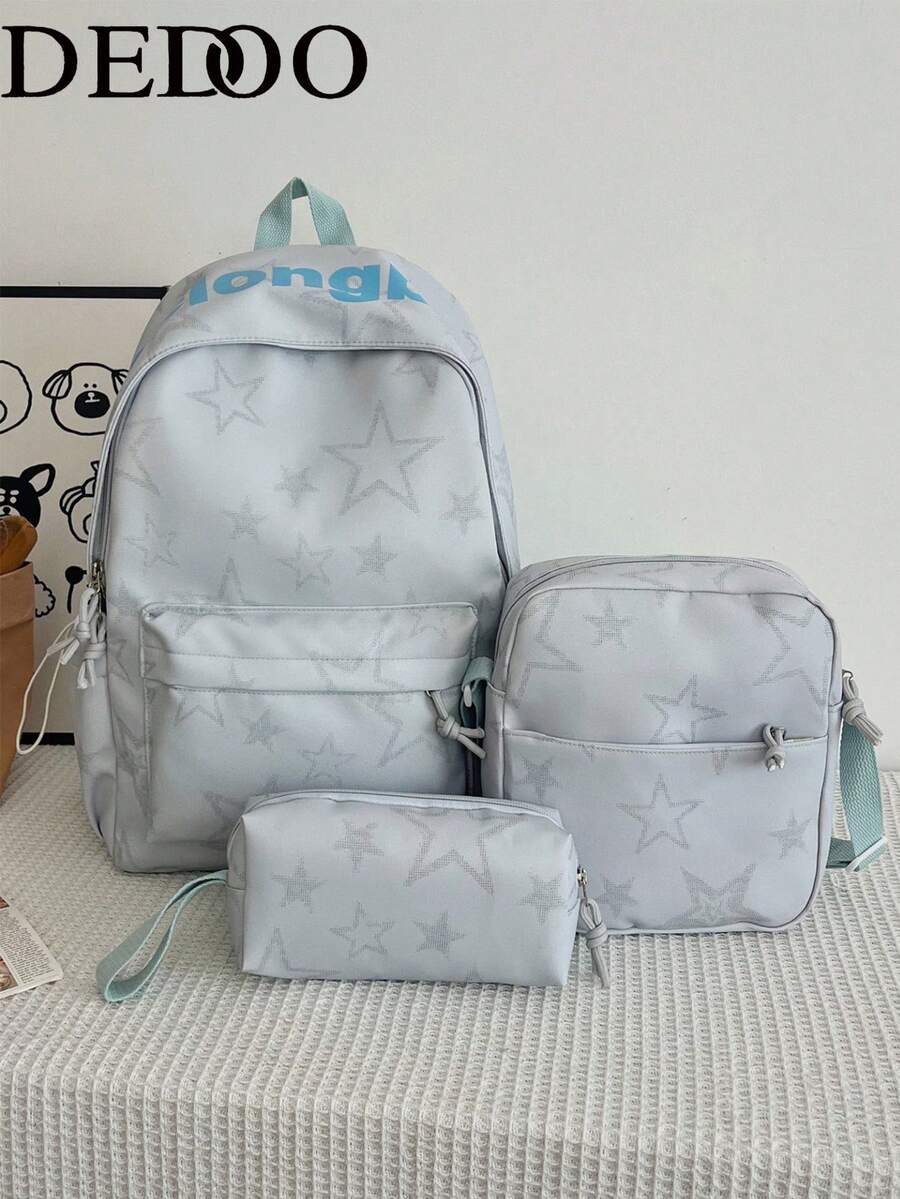 Dedoo 3‑Pcs Backpack Set,Star & Letter Print,Color‑Block Drawstring Zipper,Large Capacity,School Bookbag,College University Campus Daily Student Bag