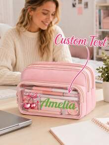 Personalized Name Cherry Bow Design Pencil Case, Customized Text Large Capacity Multi-Compartment Pencil Pouch With Transparent Front Pocket, Portable Stationery Storage Bag And Makeup Organizer, Suitable For College, Office, Travel, Birthday And Back To School Gifts - Multicolor - View 2
