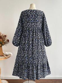 Rusttydustty Women's Plus Size Blue & Black Small Ditsy Floral V-Neck Ruffle Patchwork Long Sleeve Dress, Suitable For Autumn/Winter, Halloween Outfit - Black - View 5