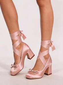 Women's Ballet High Heels Mary Janes Elegant Satin Lace Up Ballerina Chunky Heels Bow Knot Sweet Cute Party Date Versatile Shoes For Women - 杏色 - 查看 4