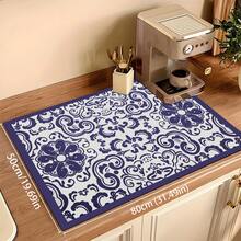 1pc Blue Bohemian Diatomaceous Earth Absorbent Mat, Kitchen Countertop Water-Absorbing Drying Mat, Coffee Machine Mat, Pour-Over Coffee Pot Mat, Dish Draining Mat, Non-Slip Heat-Resistant Kitchen Mat, Dining Table Mat, Breakfast Mat, Washing Machine Mat, Home Kitchen Dining Table Coffee Shop Bar Decor Mat, Holiday Party Housewarming Gift - Multicolor - View 9
