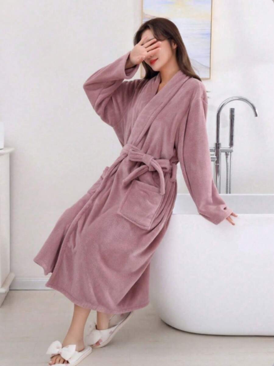 1pc Women's Wearable Bathrobe, Dusty Rose - Mauve Purple - View 1