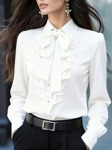 Plus Size White Bowknot Shirt With Bow And Ruffle Trim, Long Sleeve Regular Fit - White - View 1