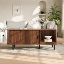 Coffee Table With Sliding Door, Modern Living Room Table With Storage Space, Rectangular Sofa Table With Slatted Look, Side Table With Open Storage Compartment For Living Room, 110 X 40 X 55 Cm - Brown - View 3