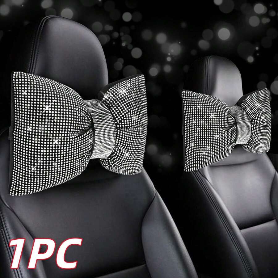 1pc Car Neck Pillow, Soft Car Headrest, Shiny Car Pillow, Bowknot Pillow, Crystal Rhinestone Car Accessories, Women's Car Pillow - Multicolor - View 1