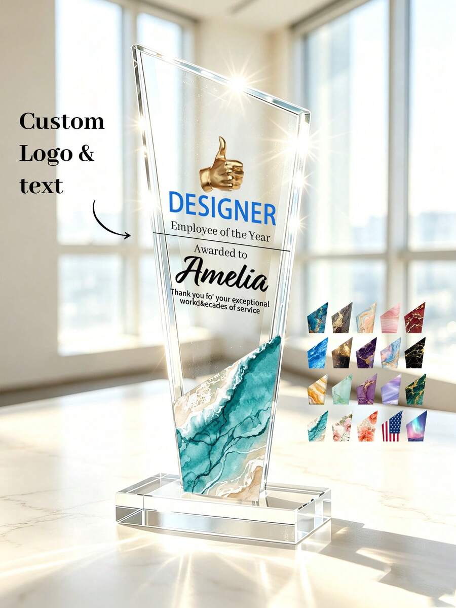 1pc Customized Engraved Acrylic Trophy With Logo And Text, Personalized Annual Employee Award Plaque, Corporate Office Recognition Retirement Trophy, Business Employee Recognition Ceremony Prize - Multicolor - View 1