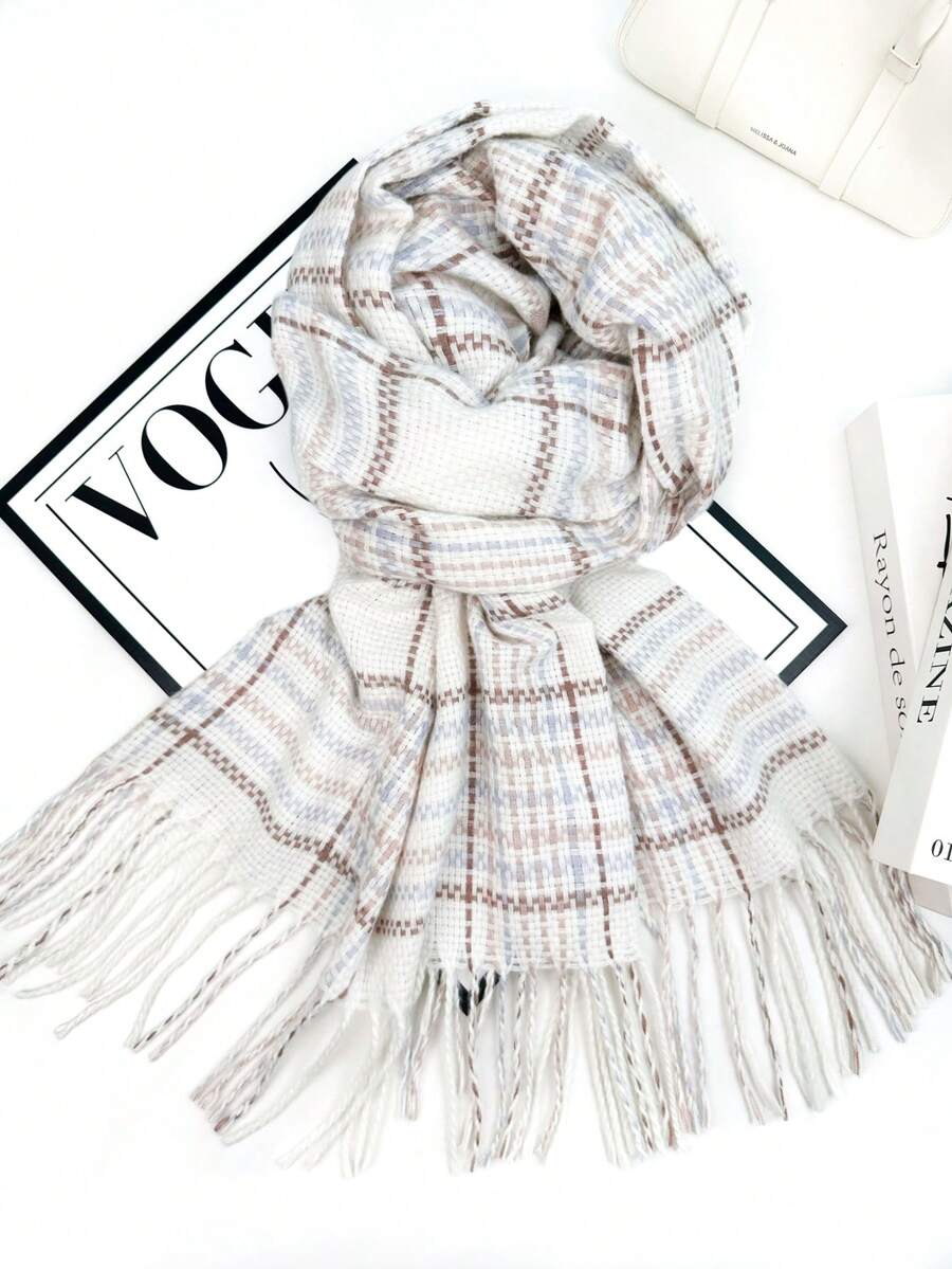1pc Universal Multicolor Plaid New Style Versatile Casual Scarf Suitable For Autumn/Winter Use - White Dashed Grid - View 1