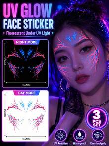 Halloween UV Fluorescent Face Temporary Tattoos, Neon Pink & Blue Glow Under Blacklight, Waterproof Long Lasting Face Stickers For Halloween Party, Rave, Festival, Club, Cosplay Makeup, Easy To Apply & Remove - Multicolor - View 4