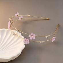 1pc Double Layer Alloy Thin Hair Tie With Faux Pearl Flower Decoration, Sweet Hair Accessory, Girls Headpiece - Multicolor - View 5