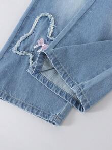 Girls' Denim Jeans With Distressed Butterfly Embroidery, Elastic Waist, Straight Leg, Streetwear Sweet & Cool Fashion Casual Versatile - Medium Wash - View 7