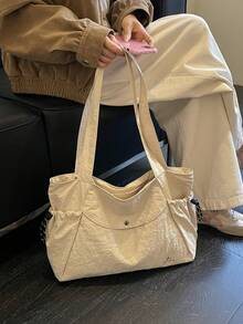Solid Color Large Capacity Nylon Fabric Shoulder Tote Shopping Bag, Multi-Pocket Design, Mother's Day Gift For Mom, Commute Travel Minimalist Fashion Versatile - Beige - View 11