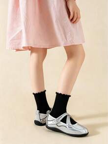 5/10/20 Pairs 1‑14Y Girls Black Scallop Ruffle Trim Ankle Socks, Soft Ribbed Knit Breathable All‑Season Kids Socks For Daily Wear & School - Black - View 3