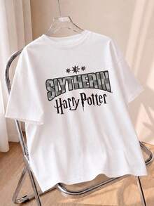 Whysmera SHEIN X Harry Potter Casual Short Sleeve T-Shirt, Cute Cartoon Characters & Hippogriff Print, Breathable, Retro Comic Style, Daily Wear, Summer - White - View 1