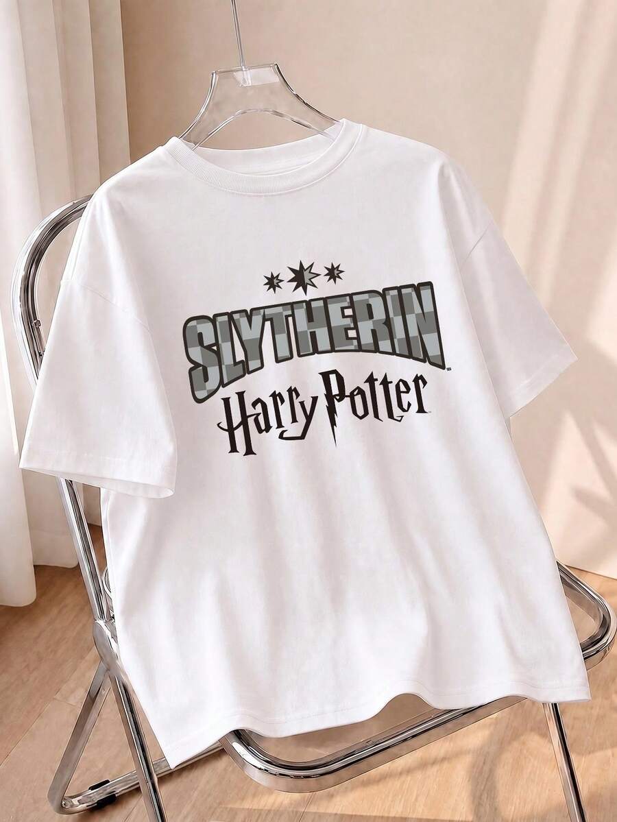 Whysmera SHEIN X Harry Potter Casual Short Sleeve T-Shirt, Cute Cartoon Characters & Hippogriff Print, Breathable, Retro Comic Style, Daily Wear, Summer - White - View 1