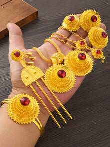 6pcs/Set Golden Color Multi-Layer Jewelry Set, Earrings, Rings, Necklace, Bracelet, Hair Chain, Hairpin, Party Gift - A - View 11