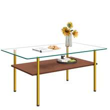 Moderner Couchtisch Mit Glasplatte Und MDF Ablage, Wohnzimmertisch Mit Goldfarbenem Metallgestell, Rechteckiger Sofatisch Im Luxus Design, Holzoptik-H45/B98/T58 Cm - Brown - View 3