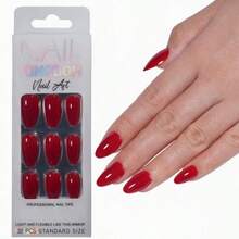 32 buah Kuku Akrilik Pendek Berbentuk Almond Mengkilap Warna Merah Burgundy - MultiWarna - View 7