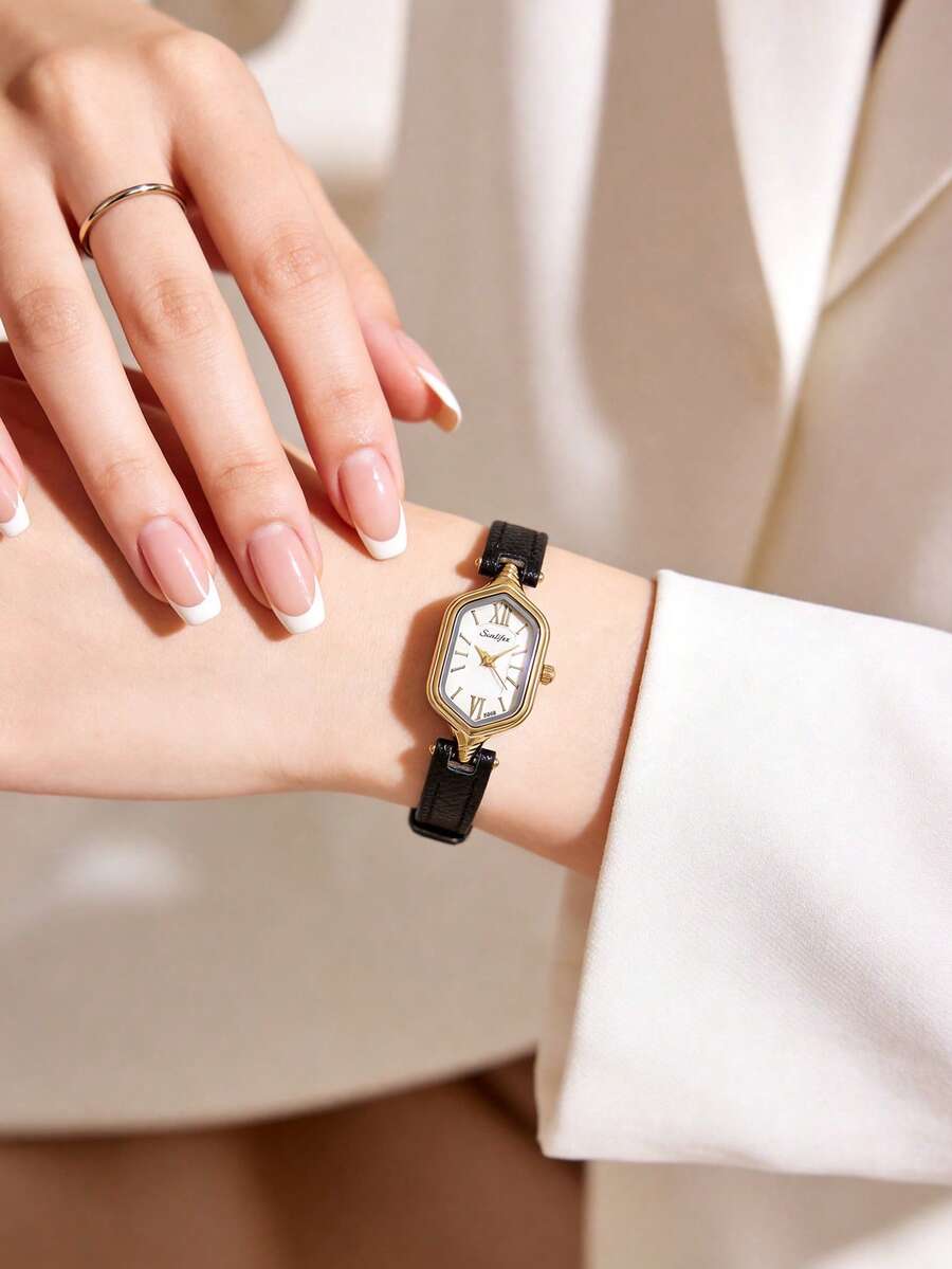 SUNLIFEX 1pc Women's Oval Vintage Quartz Watch, Beige Roman Numeral Dial, Gold Case, Black Leather Strap, French Style, Daily Gift