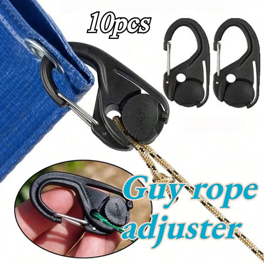 10pcs Automatic Tarp Rope Tensioners, Self-Locking Line Hooks, Knotless Tightening Clips, Wind Rope Adjustment Buckles, Outdoor Fixing Tools - Black - View 1