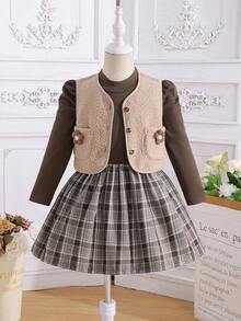 A Two Pieces Casual Style Girls' Vest And Dress Set In Plaid Fabric, Suitable For Outdoor Wear In Autumn And Winter. - Mocha Brown - View 3