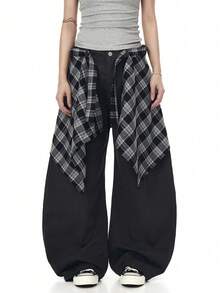 New Plaid High Waist Skirt With Decorative Drawstring Design, Unisex, Adjustable Tie, Ruffle Hem, Suitable For Home Wear, Autumn/Winter - Multicolor - View 12