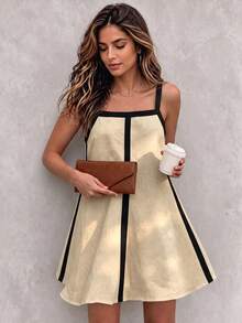 HUTENER Women's Elegant Sexy Square Neck Spaghetti Strap Contrast Color Block Vacation Style Khaki Mini Dress, Spring/Summer - Khaki - View 1