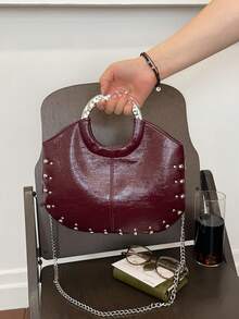 Solid Color Rivet Decoration Handbag, Minimalist And Fashionable Versatile Shoulder Crossbody Retro Armpit Bag, For Daily Commuting Use - Burgundy - View 9