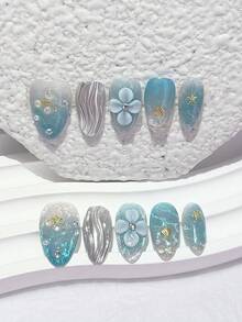 10片冰藍貓眼海洋風3D浮雕花卉金屬海星貝殼夏季亮色杏仁形美甲貼片 可拆卸可重複使用美甲用品（含1片果凍貼+1片指甲锉） - 藍色 - 查看 2