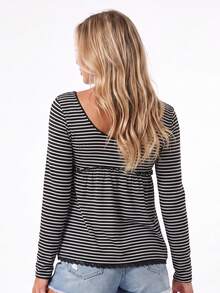 Women's Striped Babydoll Tops Long Sleeve Scoop Neck Fall Shirts - Black - View 5
