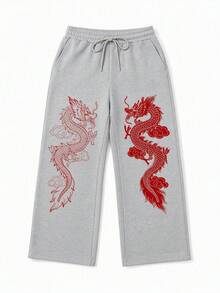 SU ER Men's Summer Casual Drawstring Elastic Waist Loose Drapey Lazy Wide Leg Curved Hem Long Pants - Light Grey - View 3