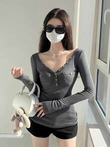 Sexy V-Neck Fitted Long Sleeve Knit Top, Waist-Cinching Inner Layer, Autumn T-Shirt For Women - Dark Grey - View 3