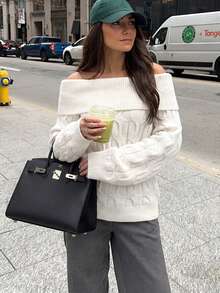Pullover Wanita Putih Minimalis Modis Model Off-Shoulder Lengan Panjang Bergaris, Sweater Kasual Harian untuk Perjalanan, Liburan, Pesta, Kencan, Musim Gugur Musim Dingin - Putih - View 6