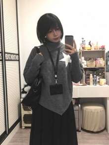 Korean Style Asymmetrical Design Loose Niche Cape High Neck Star Knit Sweater Pullover Top For Women, Autumn/Winter - Grey - View 2