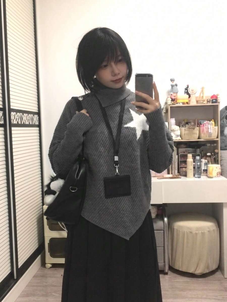 Korean Style Asymmetrical Design Loose Niche Cape High Neck Star Knit Sweater Pullover Top For Women, Autumn/Winter - Grey - View 1