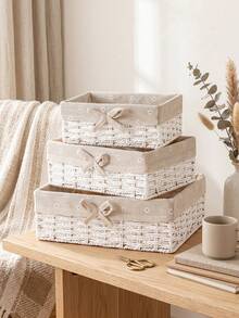 1Pc/3Pcs Hand‑Woven Storage Basket,Fabric‑Lined Decorative Desktop Organizer Bin,Multi‑Purpose Home Basket For Snacks,Cosmetics,Toys,Keys,Stationery,Ideal For Coffee Table,Cabinet,Decor Gift Storage Basket - White - View 2