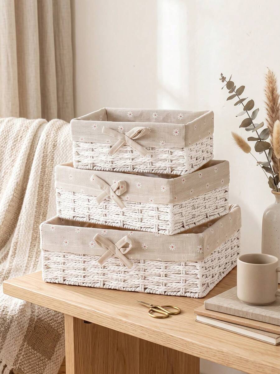 1Pc/3Pcs Hand‑Woven Storage Basket,Fabric‑Lined Decorative Desktop Organizer Bin,Multi‑Purpose Home Basket For Snacks,Cosmetics,Toys,Keys,Stationery,Ideal For Coffee Table,Cabinet,Decor Gift Storage Basket