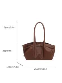1pc Coffee Brown Summer New Metal Hardware Strap Decor Large Capacity Solid Color Woven Texture PU Tote Bag Women's Shoulder Bag - Coffee Brown - View 7