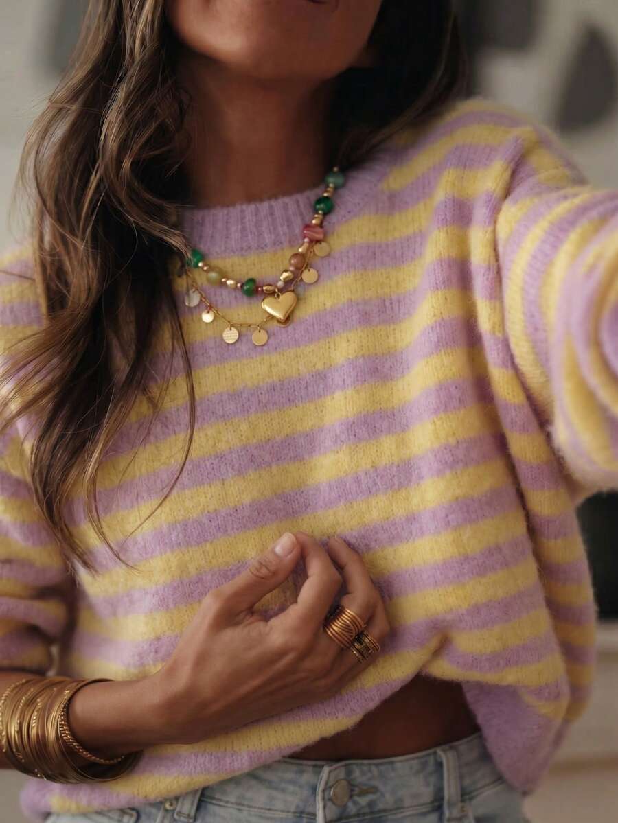 Women's Clothing, Beautiful Sweater, Striped Long Sleeve Pullover Top, Elegant Casual For Daily Wear And Vacation, Spring Autumn Winter - Mauve Purple - View 1