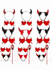 Halloween Devil Costume Set Red Horn Headband Glasses Cane Tail Full Set For Masquerade Carnival Couple Party COS Rave Dance Props (Due To Lighting, Color Difference May Occur, Cane Stick Color Is Random) - Multicolor - View 10