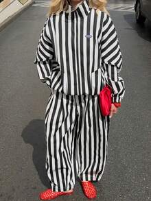 New Fashion Elegant Striped Colorblock Daily Vacation College Style Women's INS Jacket - Black and White - View 3