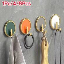 1Pc/4/8Pcs Gold Rim Round No-Drill Adhesive Hooks, Colorful Wall Hooks, Bathroom Towel Hooks, Key Hooks, Strong Traceless Adhesive Hooks - Multicolor - View 1