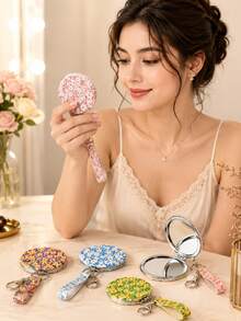1pc Floral Portable Double-Sided Folding Makeup Mirror, Daily Makeup Mirror With Lanyard Keychain, Mini Pocket Mirror, Multi-Color Compact Mirror For Commuting, Business Trip, Travel, Anti-Drop Shell Magnifying Mirror, Can Be Hung On Bag - Multicolor - View 1