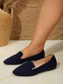 Wide Fit Pointed Toe Slip-On Women's Wide Foot Flat Shoes, Elegant Spring/Summer Daily Wear Commute Navy Blue Ballet Flats - Navy Blue - View 6
