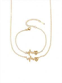 TONSI 1pc Japanese & Korean Niche Design High-End Fashion Personalized Minimalist Versatile Stainless Steel 18k Gold Plated Rhinestone Heartbeat Pattern Pendant Jewelry Set, Suitable For Couples, Holidays, Daily, Dating, Work, Parties, Best Gift For Boyfriend/Girlfriend - Gold - View 12