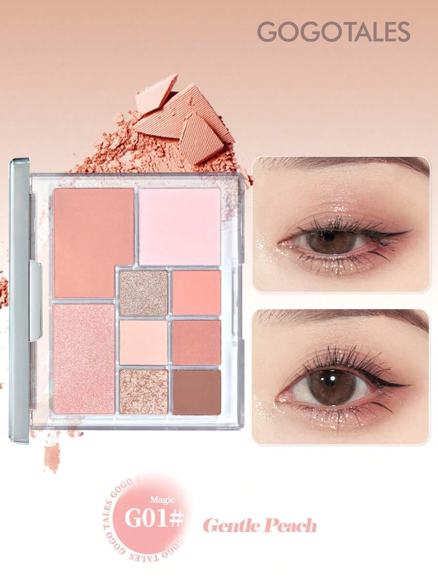 GOGO TALES GOGOTALES 9-Color Magic Mirror Shimmer Eyeshadow Palette, Includes Shimmering Tea Brown Tones, Matte Earthy Tones And Warm Pink-Brown Tones, Multi-Functional Eyeshadow/Highlighter/Contour Palette, Suitable For Daily Natural Makeup - G01# Gentle Peach - View 1