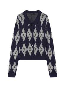 DEEKA Autumn/Winter New Women's European And American Style Fashion Minimalist Preppy Diamond Knit Cardigan Top - Navy - View 2