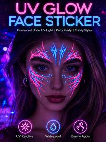 Halloween UV Fluorescent Face Temporary Tattoos, Neon Pink & Blue Glow Under Blacklight, Waterproof Long Lasting Face Stickers For Halloween Party, Rave, Festival, Club, Cosplay Makeup, Easy To Apply & Remove - Multicolor - View 2